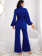 High Neck Lantern Sleeve Belted Top & Flare Leg Pants Shein