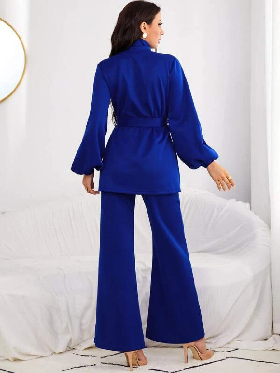 High Neck Lantern Sleeve Belted Top & Flare Leg Pants Shein