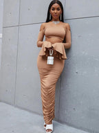 SXY Off Shoulder Flounce Sleeve Crop Top With Ruched Pencil Skirt Shein