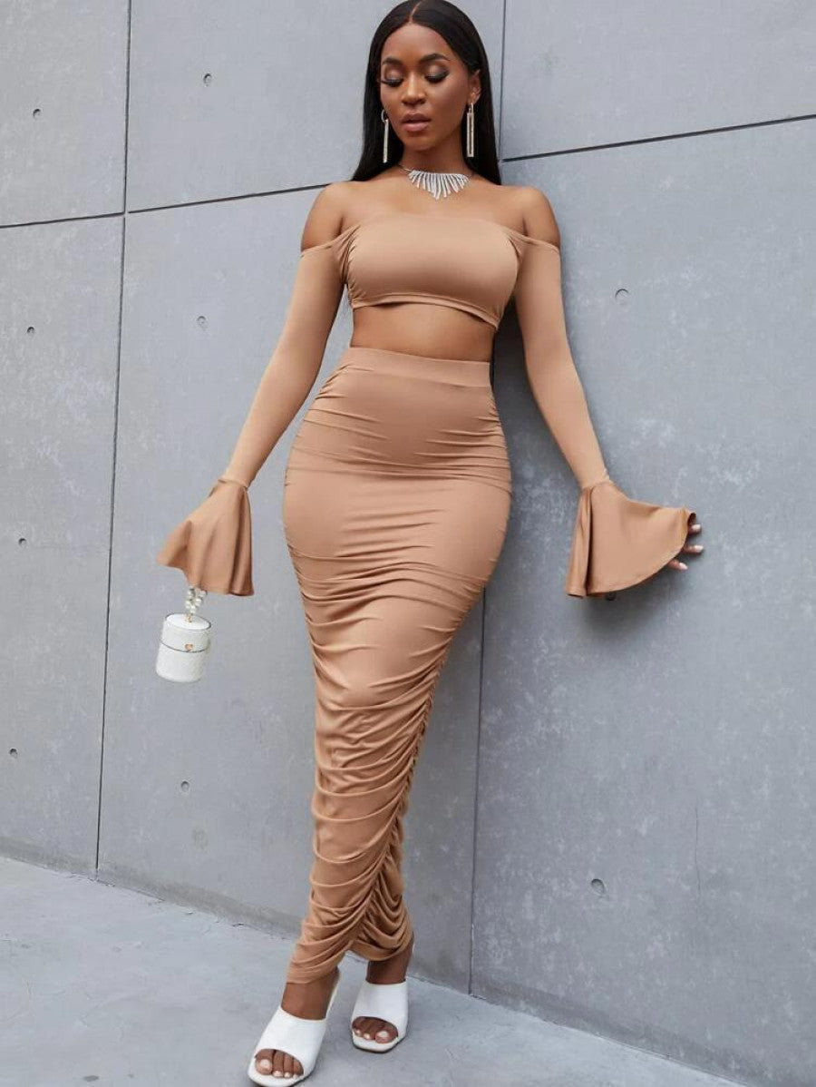 SXY Off Shoulder Flounce Sleeve Crop Top With Ruched Pencil Skirt Shein