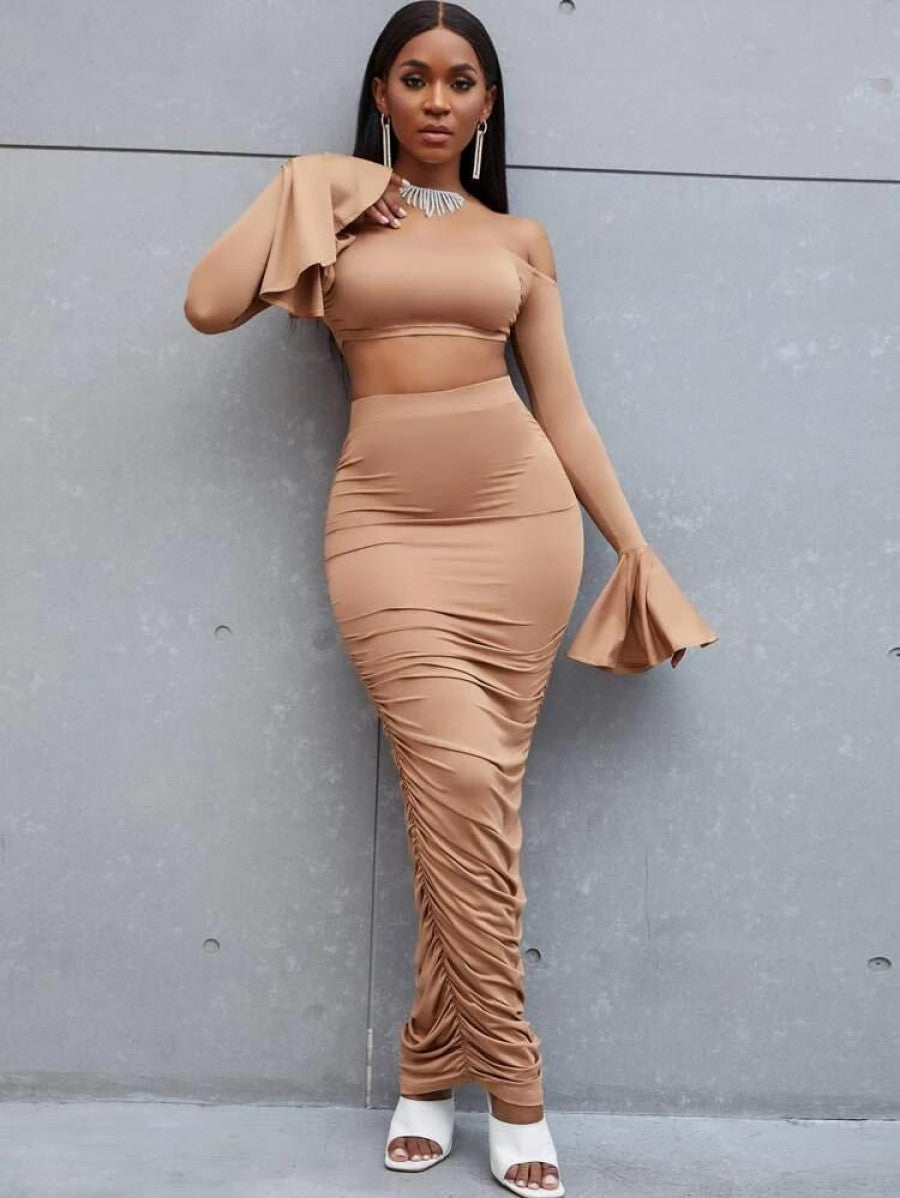 SXY Off Shoulder Flounce Sleeve Crop Top With Ruched Pencil Skirt Shein