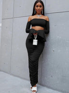 SXY Off Shoulder Flounce Sleeve Crop Top With Ruched Pencil Skirt Shein