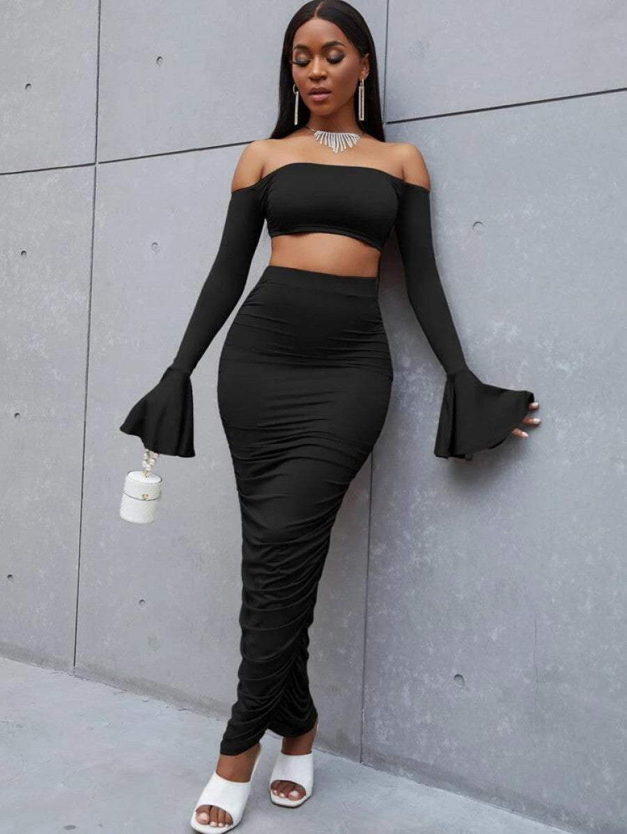 SXY Off Shoulder Flounce Sleeve Crop Top With Ruched Pencil Skirt Shein