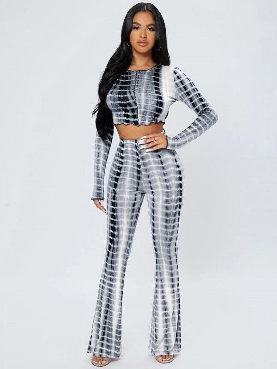 PETITE Tie Dye Lettuce Trim Crop Top & Flare Leg Pants Shein