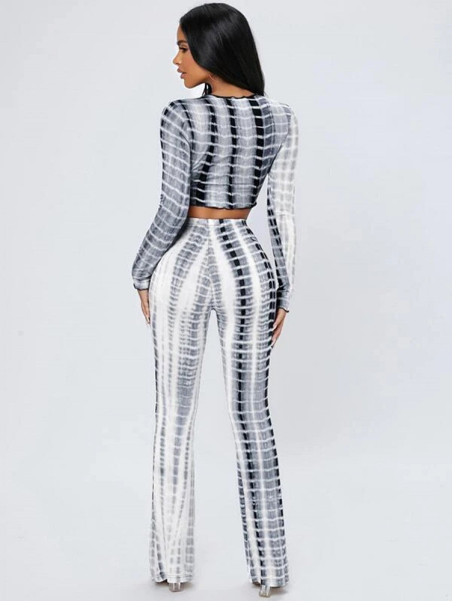 PETITE Tie Dye Lettuce Trim Crop Top & Flare Leg Pants Shein