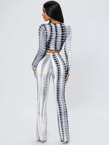 PETITE Tie Dye Lettuce Trim Crop Top & Flare Leg Pants