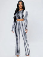 PETITE Tie Dye Lettuce Trim Crop Top & Flare Leg Pants Shein