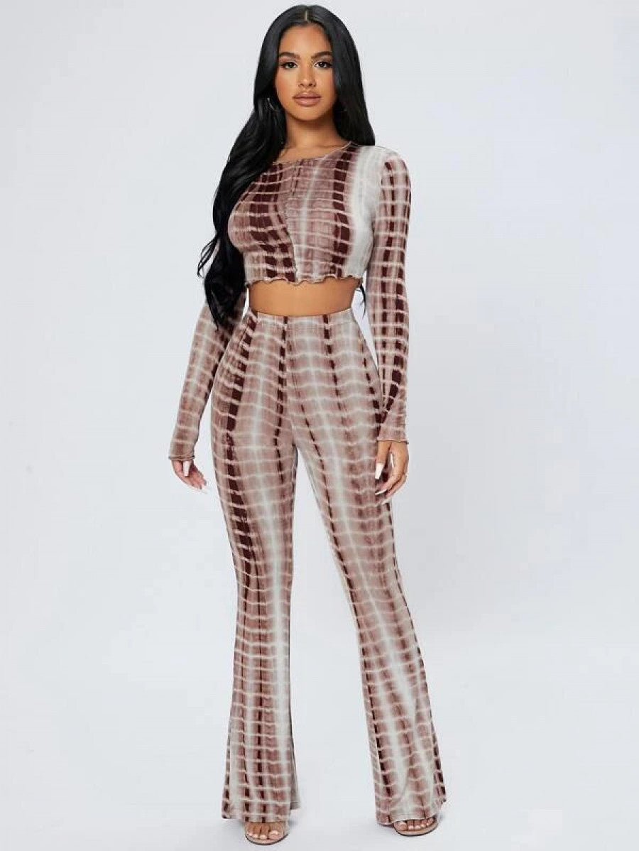 PETITE Tie Dye Lettuce Trim Crop Top & Flare Leg Pants Shein