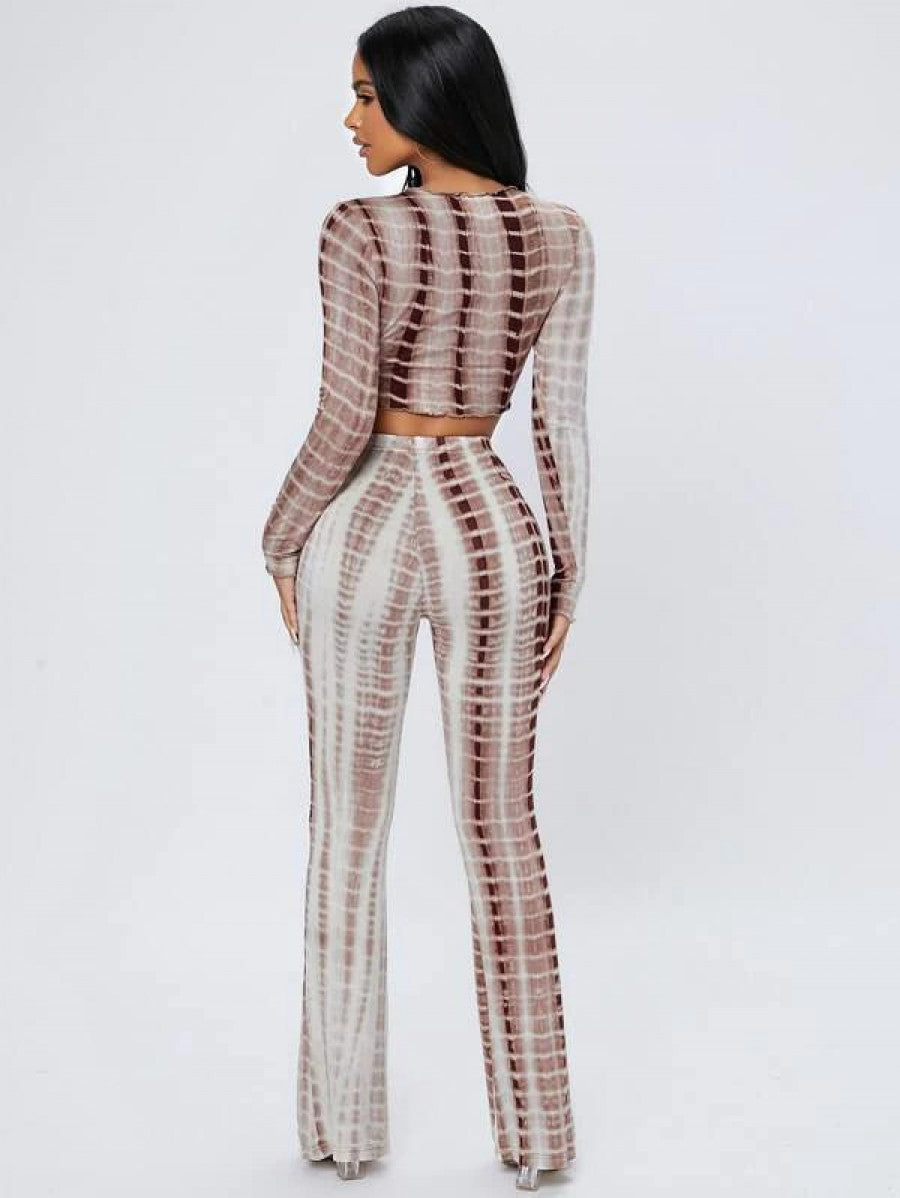 PETITE Tie Dye Lettuce Trim Crop Top & Flare Leg Pants Shein