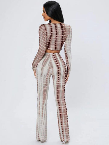 PETITE Tie Dye Lettuce Trim Crop Top & Flare Leg Pants