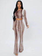 PETITE Tie Dye Lettuce Trim Crop Top & Flare Leg Pants Shein