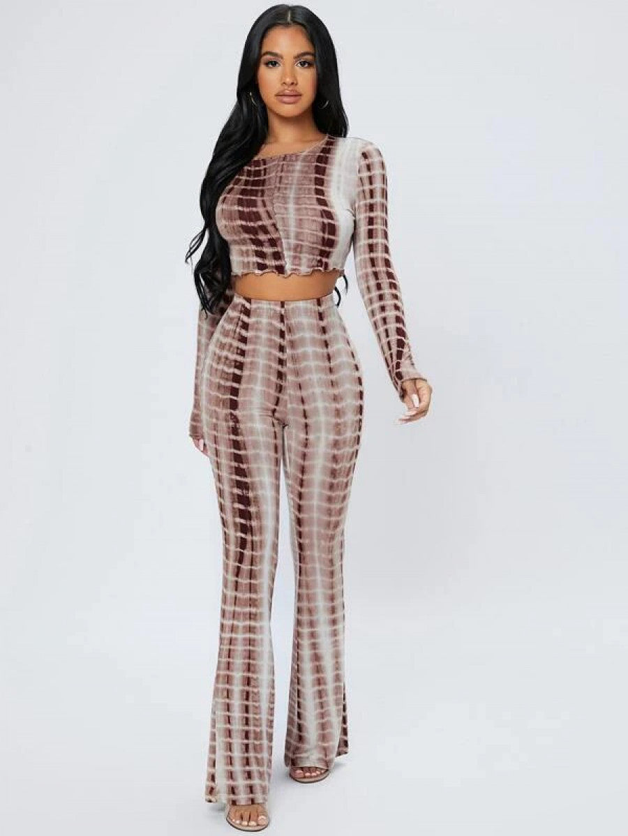 PETITE Tie Dye Lettuce Trim Crop Top & Flare Leg Pants Shein