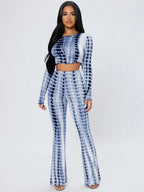 PETITE Tie Dye Lettuce Trim Crop Top & Flare Leg Pants Shein