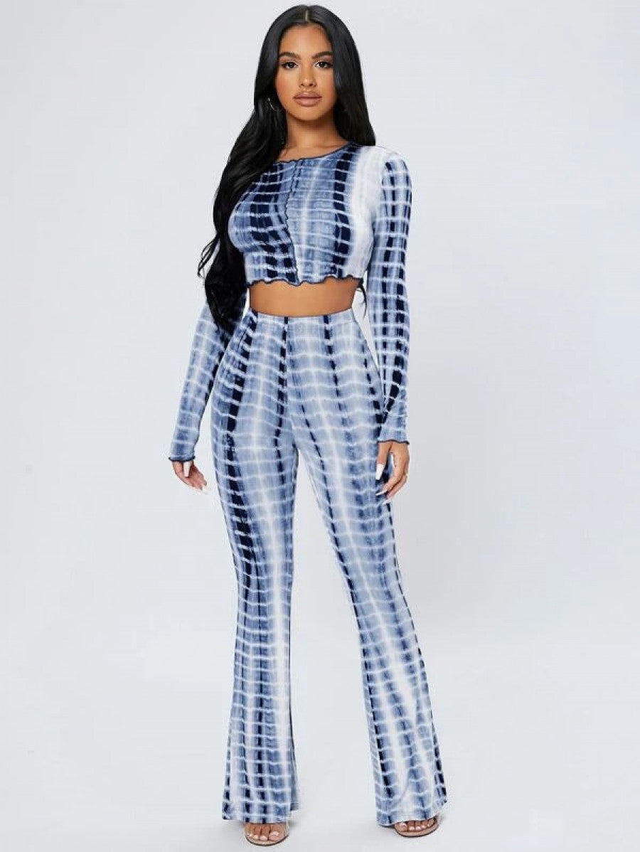 PETITE Tie Dye Lettuce Trim Crop Top & Flare Leg Pants Shein