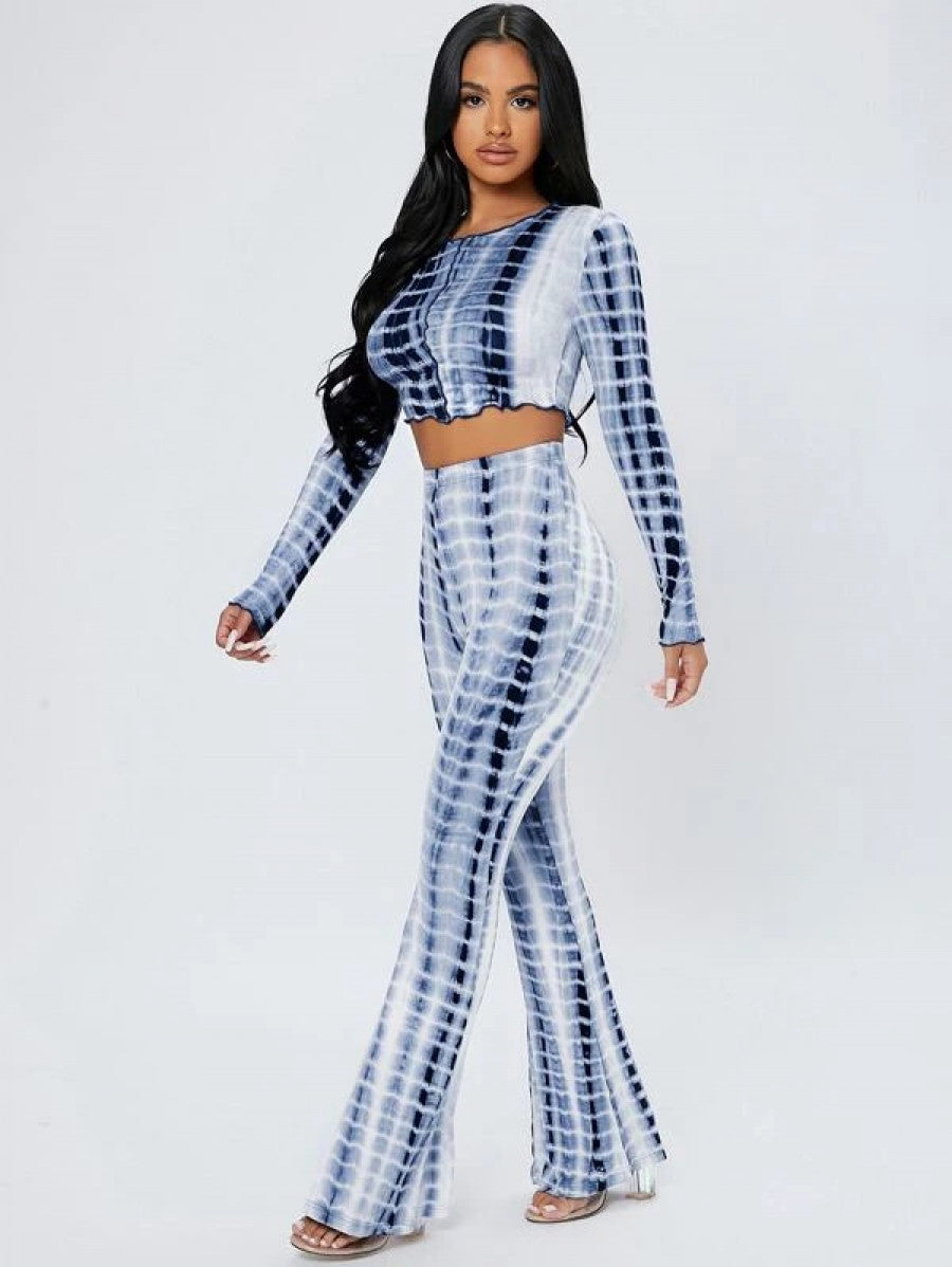 PETITE Tie Dye Lettuce Trim Crop Top & Flare Leg Pants Shein
