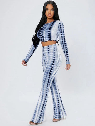 PETITE Tie Dye Lettuce Trim Crop Top & Flare Leg Pants