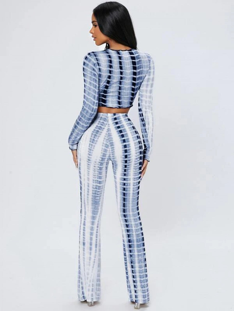 PETITE Tie Dye Lettuce Trim Crop Top & Flare Leg Pants Shein