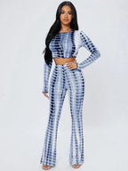 PETITE Tie Dye Lettuce Trim Crop Top & Flare Leg Pants Shein