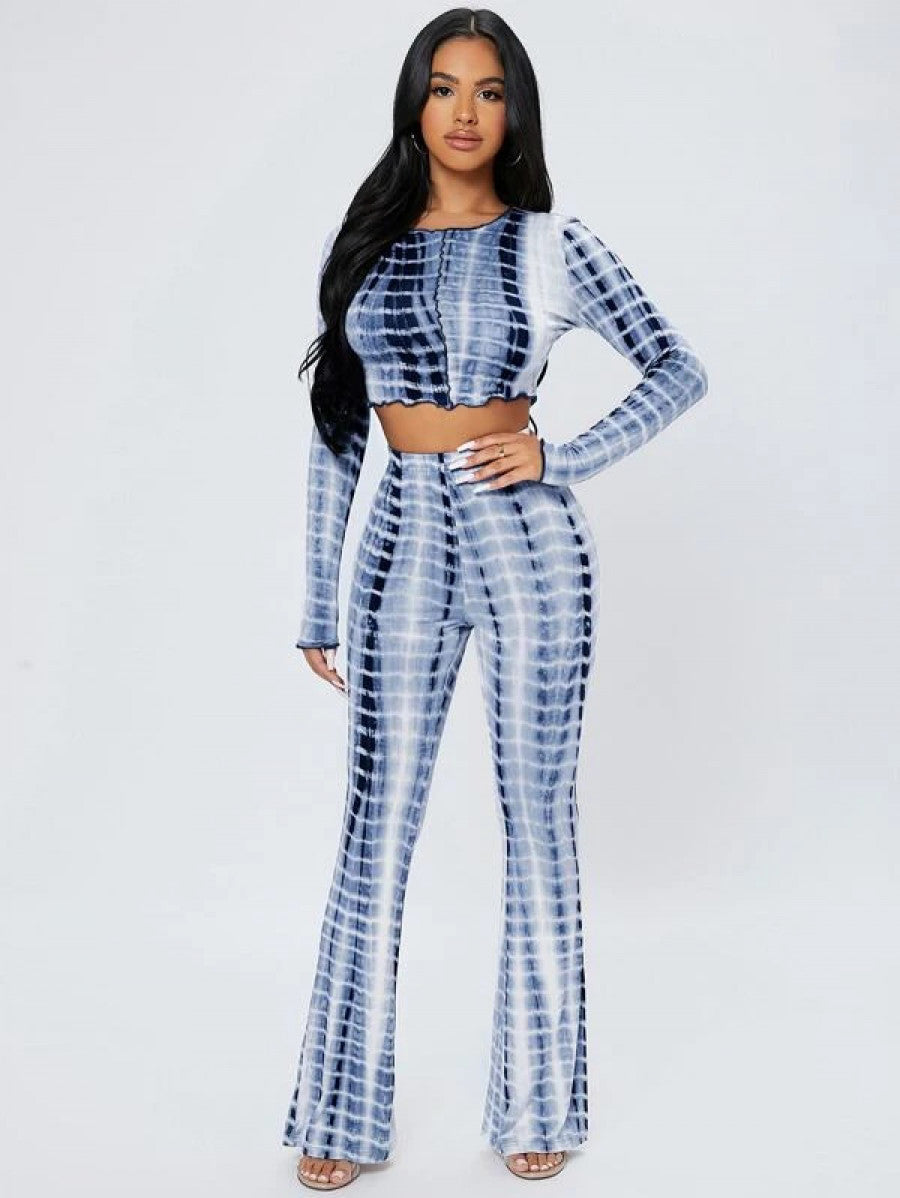 PETITE Tie Dye Lettuce Trim Crop Top & Flare Leg Pants Shein