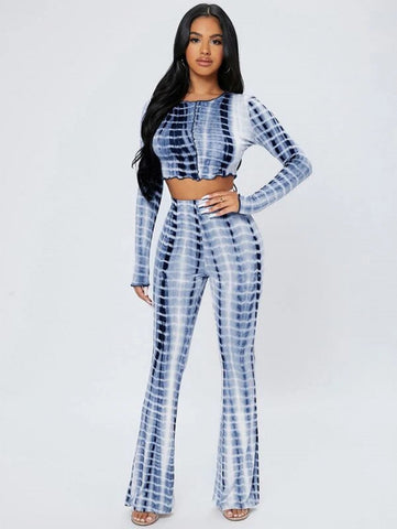 PETITE Tie Dye Lettuce Trim Crop Top & Flare Leg Pants