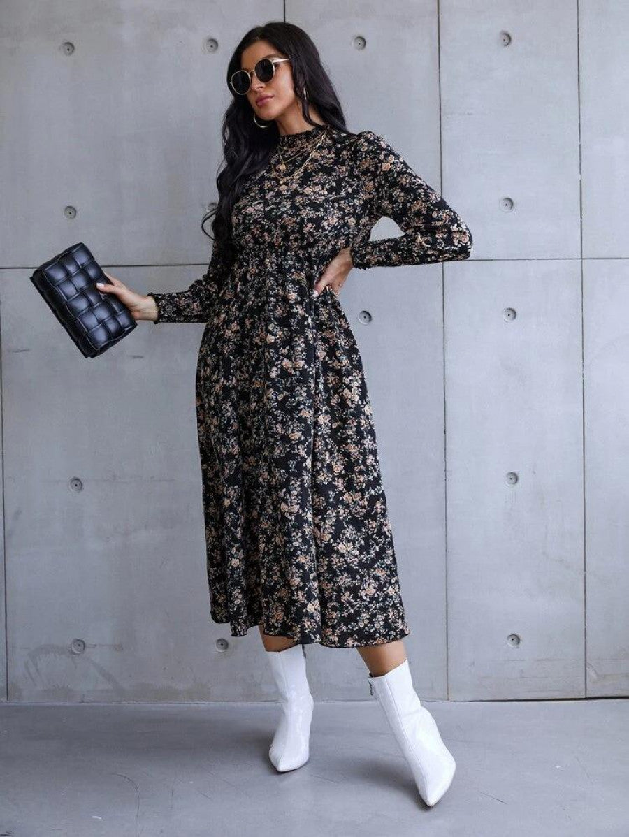 Floral Print Shirred Cuff Dress Shein