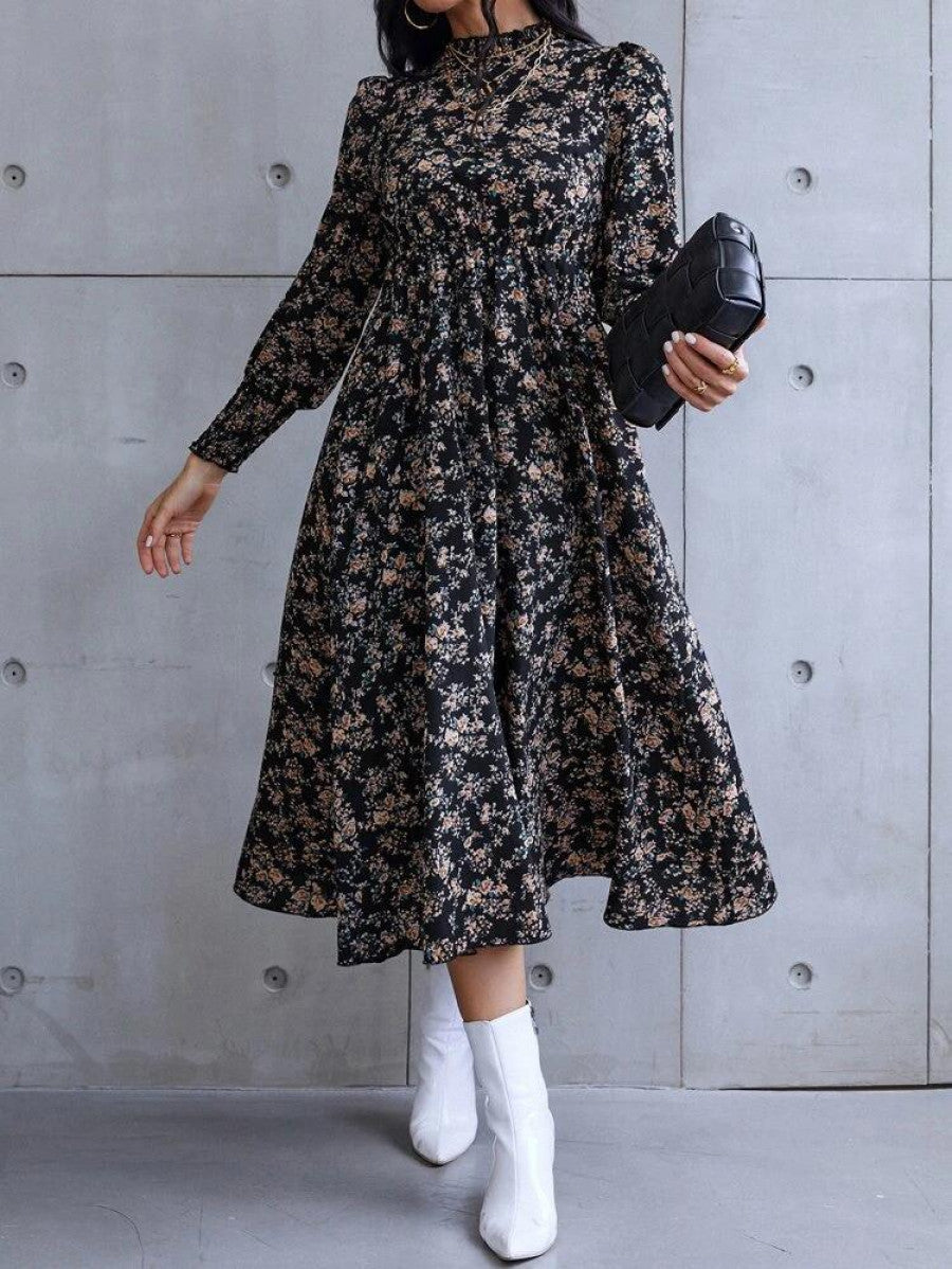 Floral Print Shirred Cuff Dress Shein