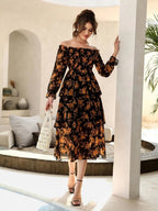 Floral Print Off Shoulder Shirred Flounce Sleeve Layered Hem Dress Shein