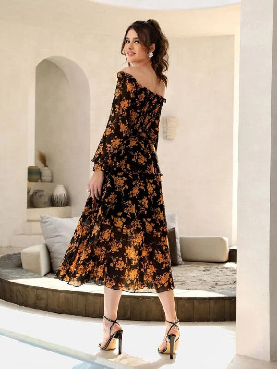 Floral Print Off Shoulder Shirred Flounce Sleeve Layered Hem Dress Shein