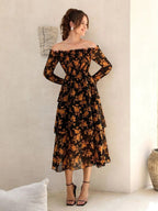 Floral Print Off Shoulder Shirred Flounce Sleeve Layered Hem Dress Shein