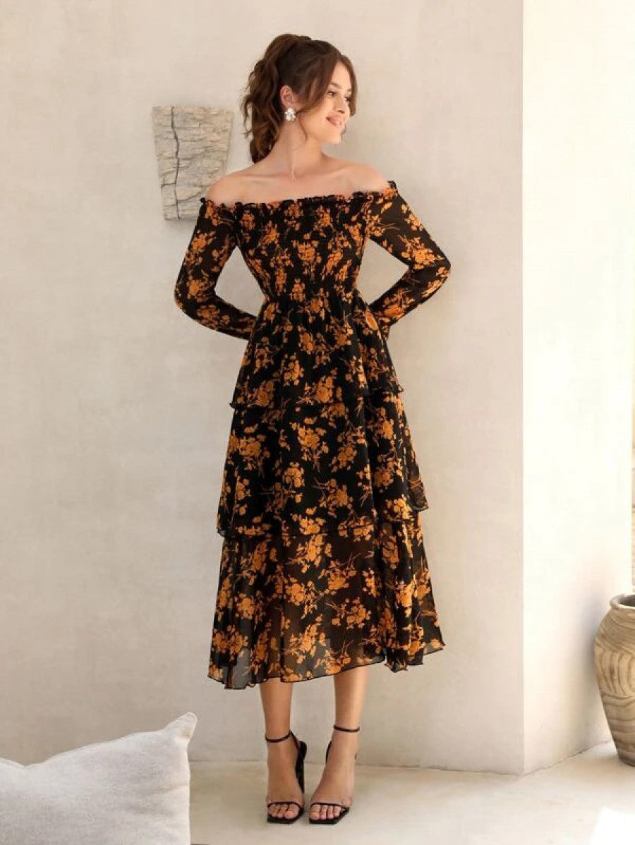 Floral Print Off Shoulder Shirred Flounce Sleeve Layered Hem Dress Shein