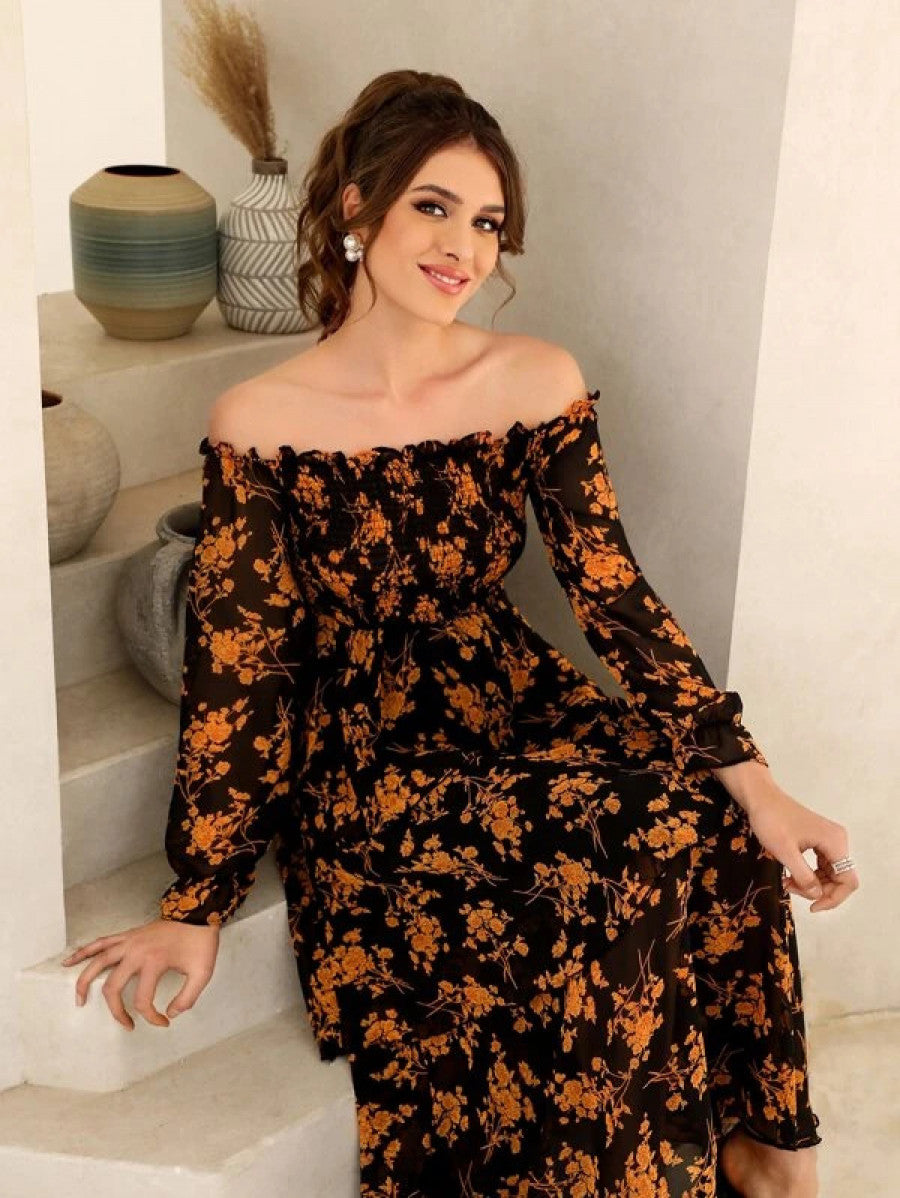 Floral Print Off Shoulder Shirred Flounce Sleeve Layered Hem Dress Shein