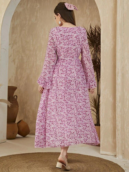 Ditsy Floral Flounce Sleeve A-line Dress