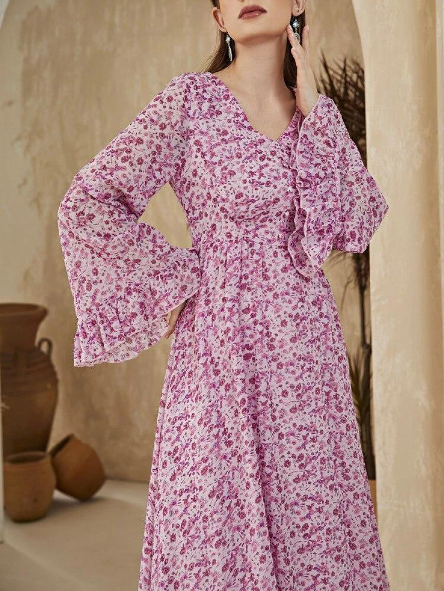 Ditsy Floral Flounce Sleeve A-line Dress
