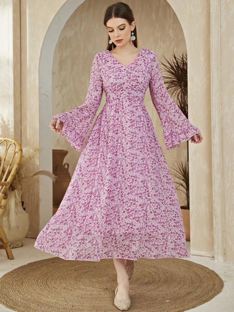 Ditsy Floral Flounce Sleeve A-line Dress