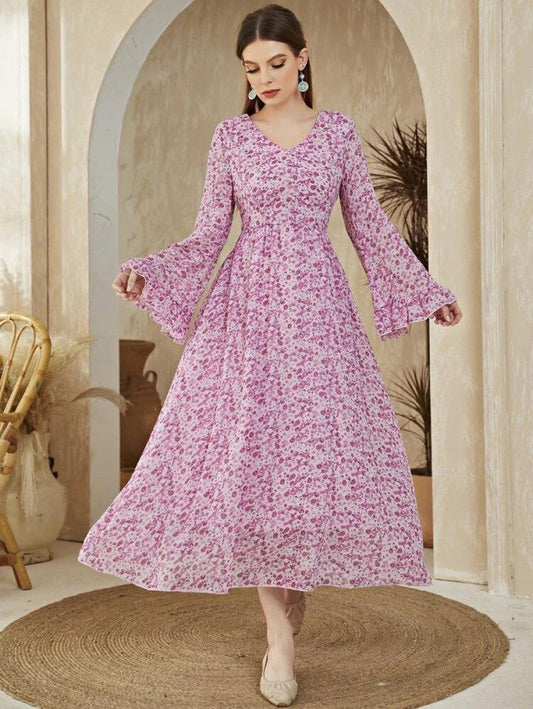 Ditsy Floral Flounce Sleeve A-line Dress