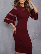 Solid Contrast Mesh Sleeve Split Hem Fitted Dress Shein