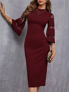 Solid Contrast Mesh Sleeve Split Hem Fitted Dress Shein