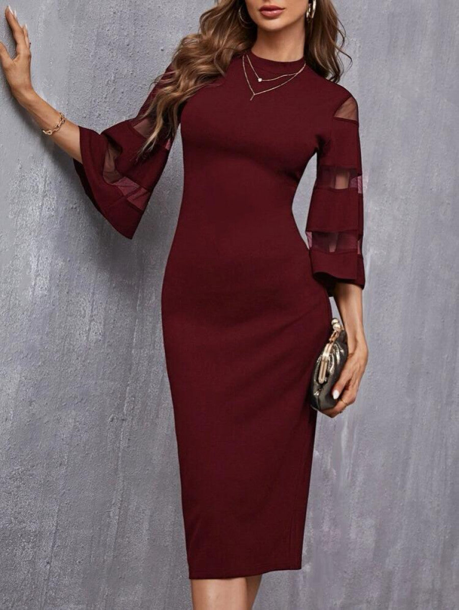 Solid Contrast Mesh Sleeve Split Hem Fitted Dress Shein