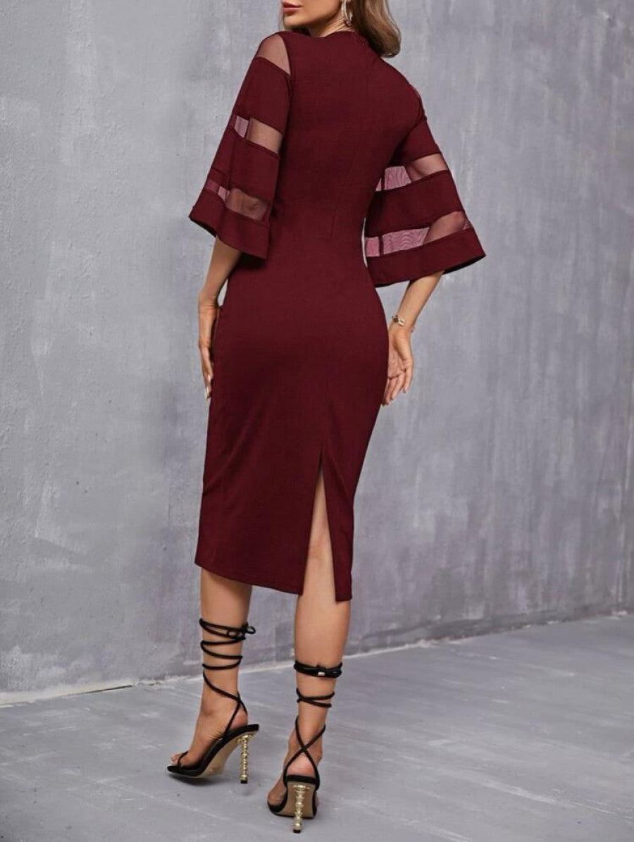 Solid Contrast Mesh Sleeve Split Hem Fitted Dress Shein