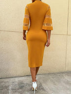 Solid Contrast Mesh Sleeve Split Hem Fitted Dress Shein