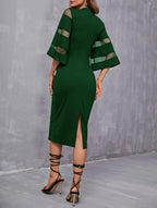 Solid Contrast Mesh Sleeve Split Hem Fitted Dress Shein