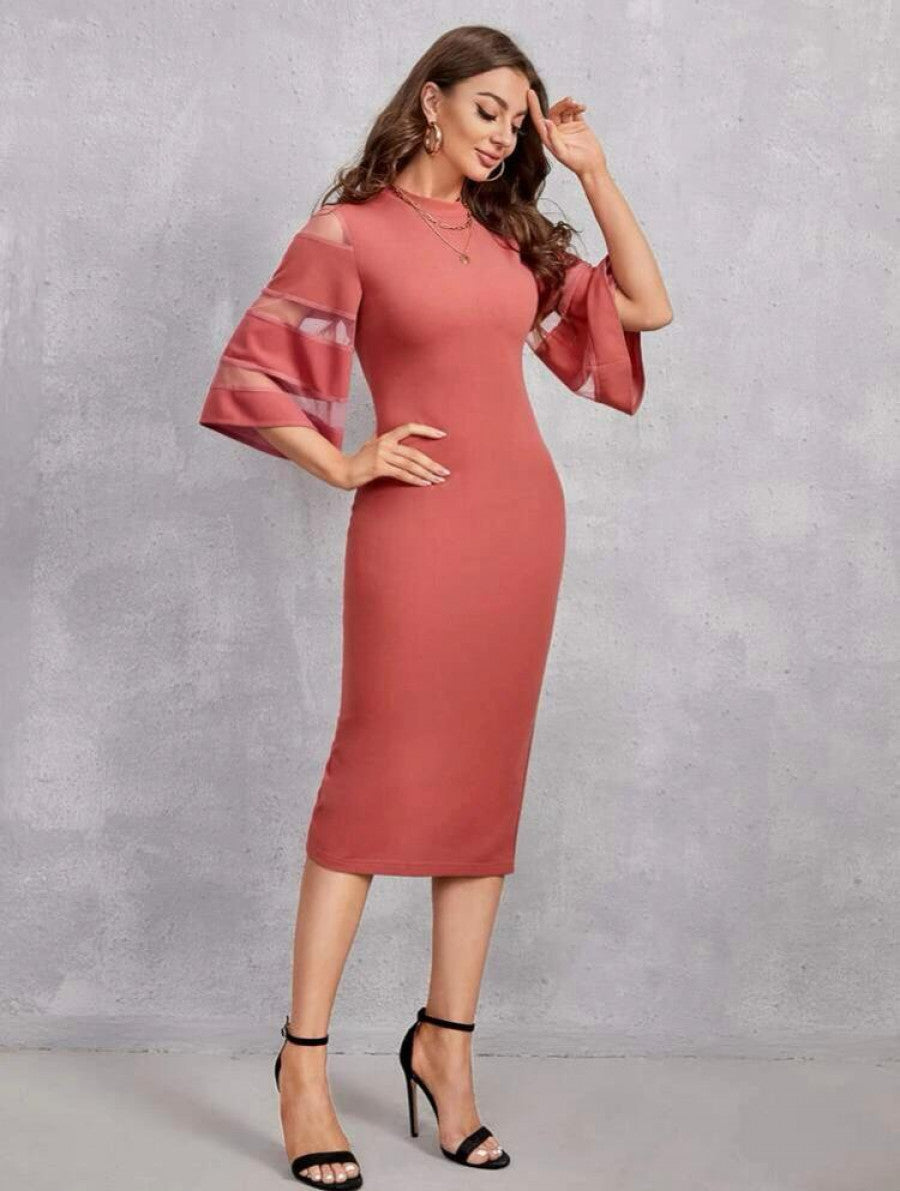 Solid Contrast Mesh Sleeve Split Hem Fitted Dress Shein