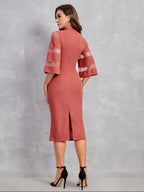 Solid Contrast Mesh Sleeve Split Hem Fitted Dress Shein
