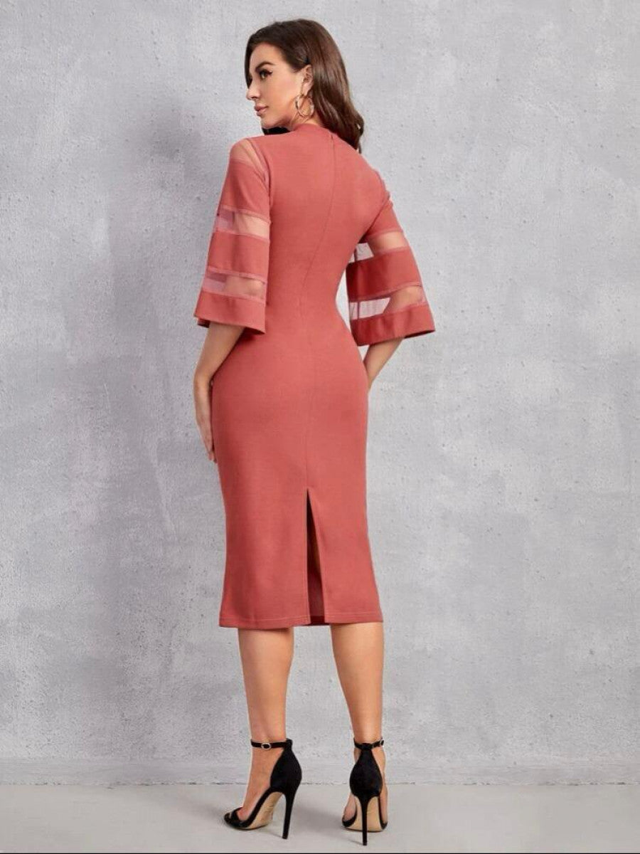 Solid Contrast Mesh Sleeve Split Hem Fitted Dress Shein