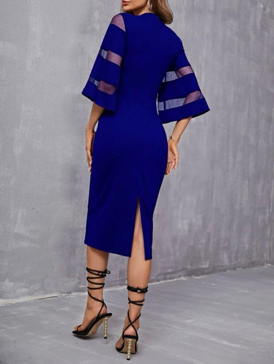 Solid Contrast Mesh Sleeve Split Hem Fitted Dress Shein
