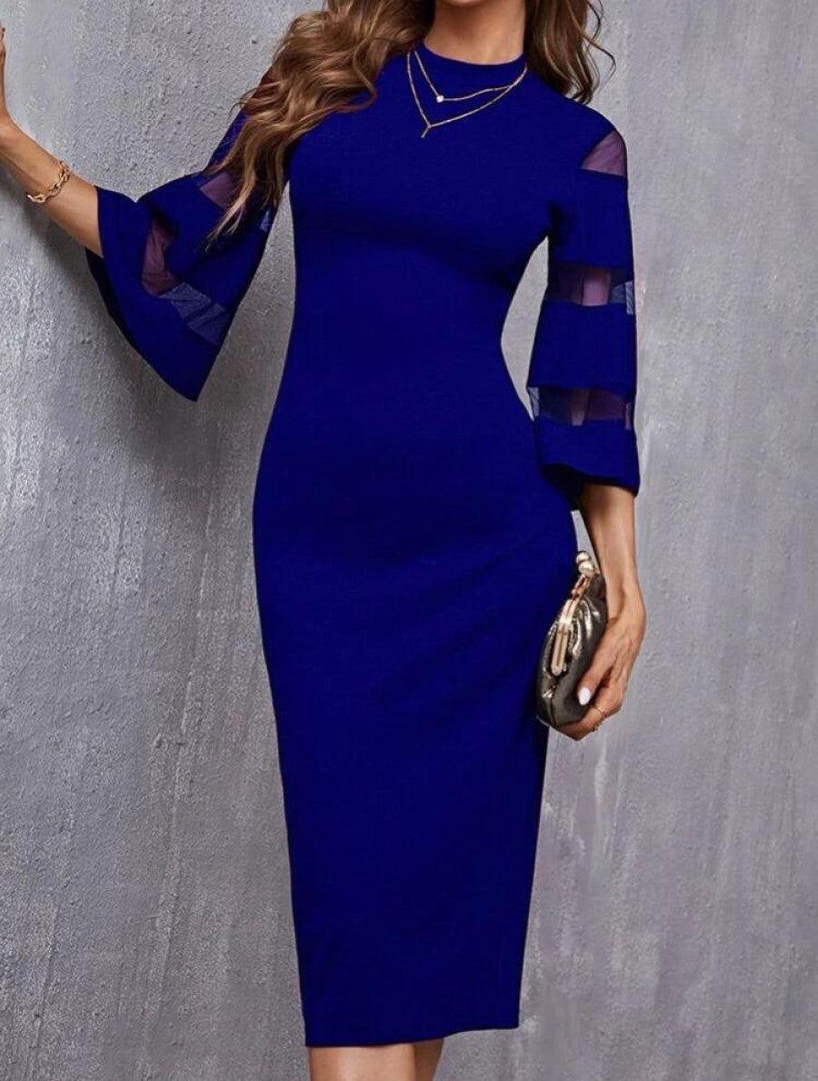 Solid Contrast Mesh Sleeve Split Hem Fitted Dress Shein