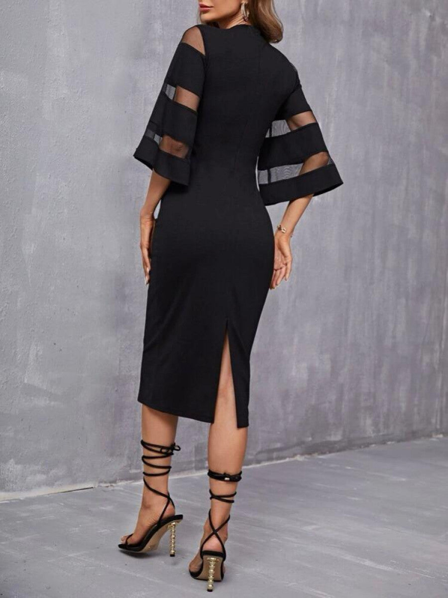 Solid Contrast Mesh Sleeve Split Hem Fitted Dress Shein