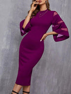 Solid Contrast Mesh Sleeve Split Hem Fitted Dress Shein