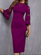 Solid Contrast Mesh Sleeve Split Hem Fitted Dress Shein