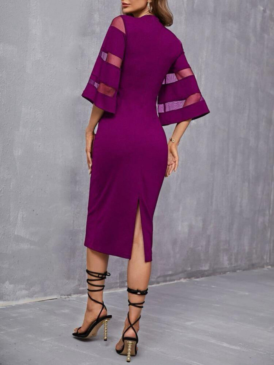 Solid Contrast Mesh Sleeve Split Hem Fitted Dress Shein